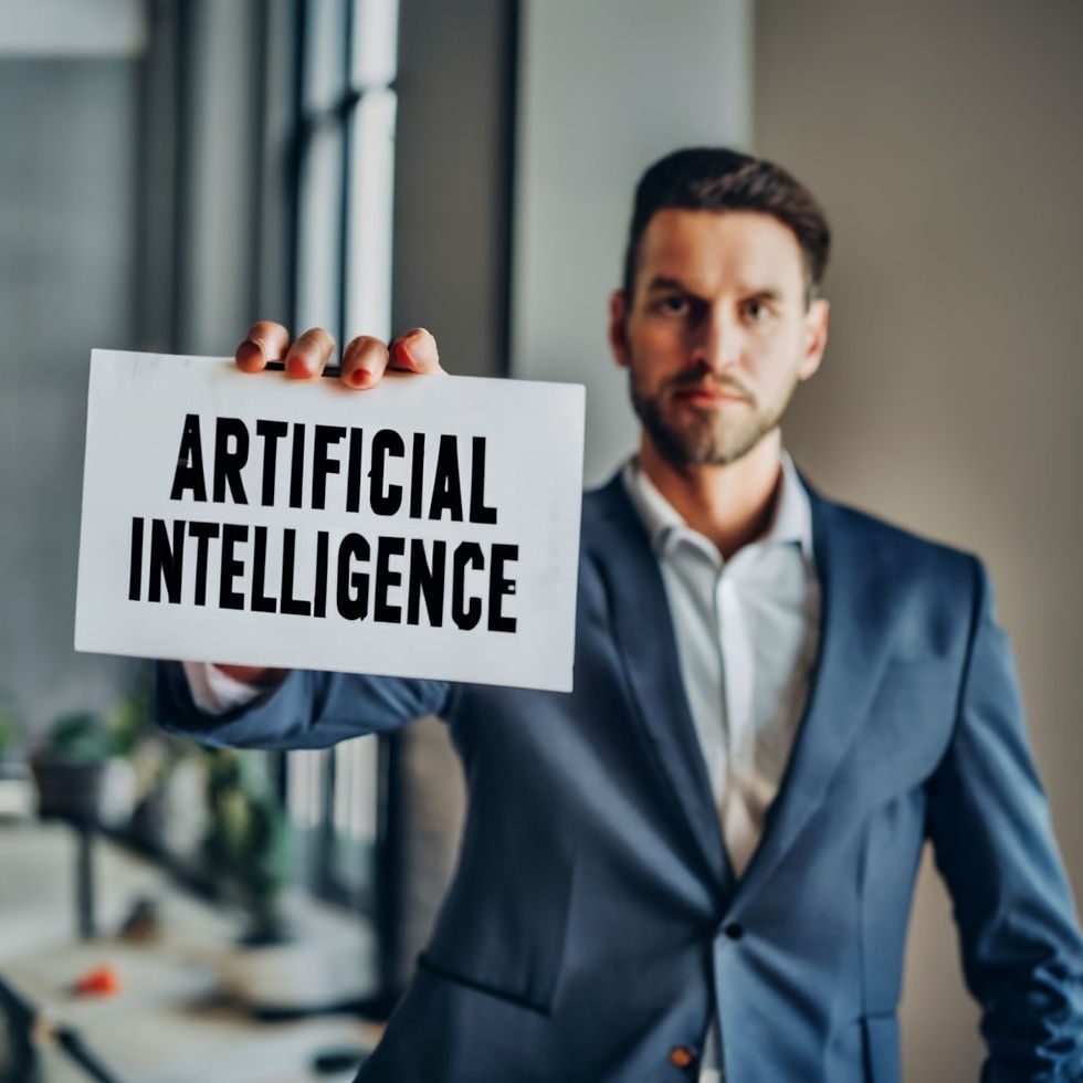 Man holding sign that reads "ARTIFICIAL INTELLIGENCE"