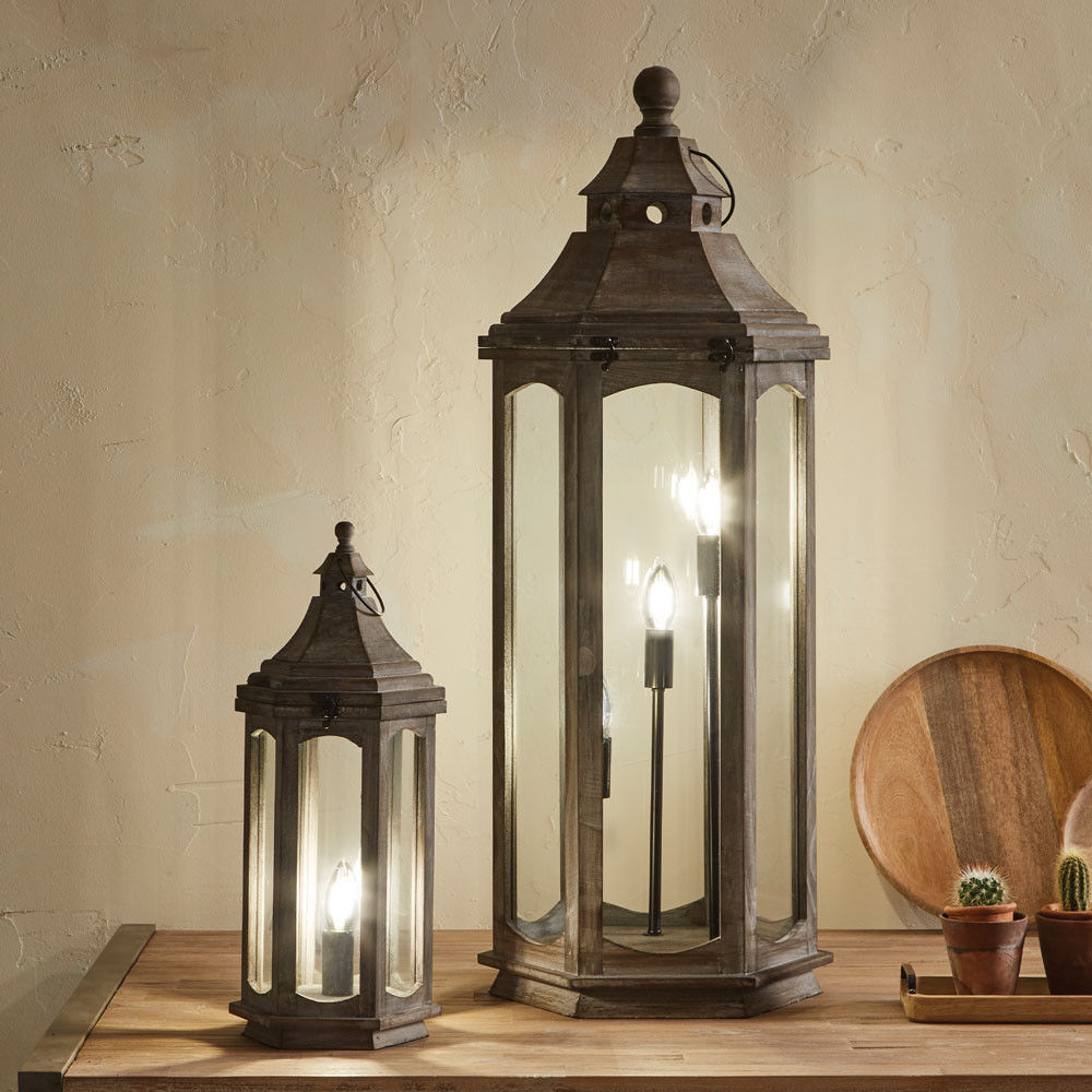 Adaline Antique Grey Wood Lantern Table Lamp