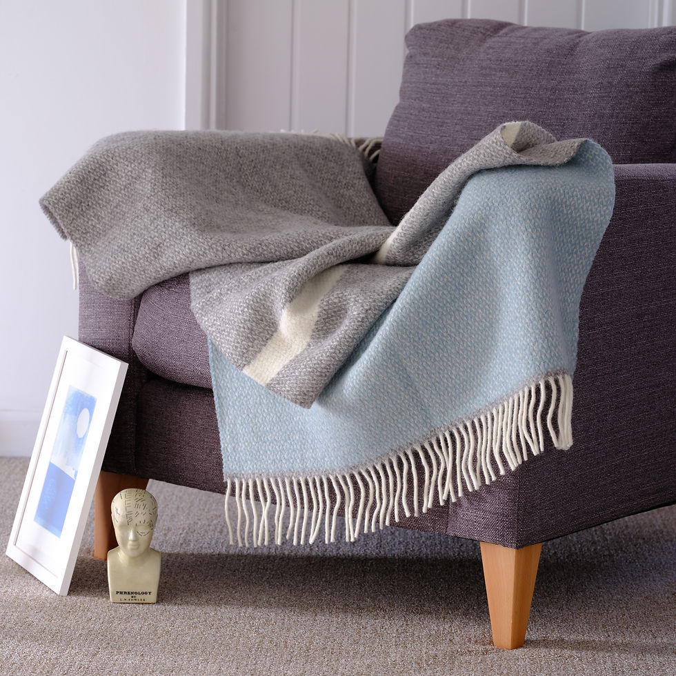 Thumbnail: Duck Egg Blue & Grey Illusion Panel Pure New Wool Sand Blanket Large
