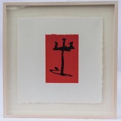 16. Gypsy Curse, 1983 Reniego Gitano 15 1/4 x 14 15/16 in. lithograph from aluminum plate printed in black on handmade red Monki paper, Chine appliqué Illustration for the verse that reads: Negro de maldición gitana irremediable Black of gypsy curse incurable