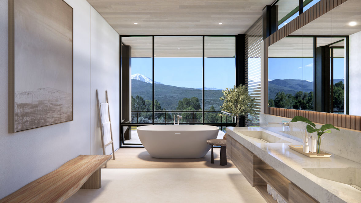 Luxury bathroom with soaking tub and panoramic mountain views at 500 Whitecloud Road.