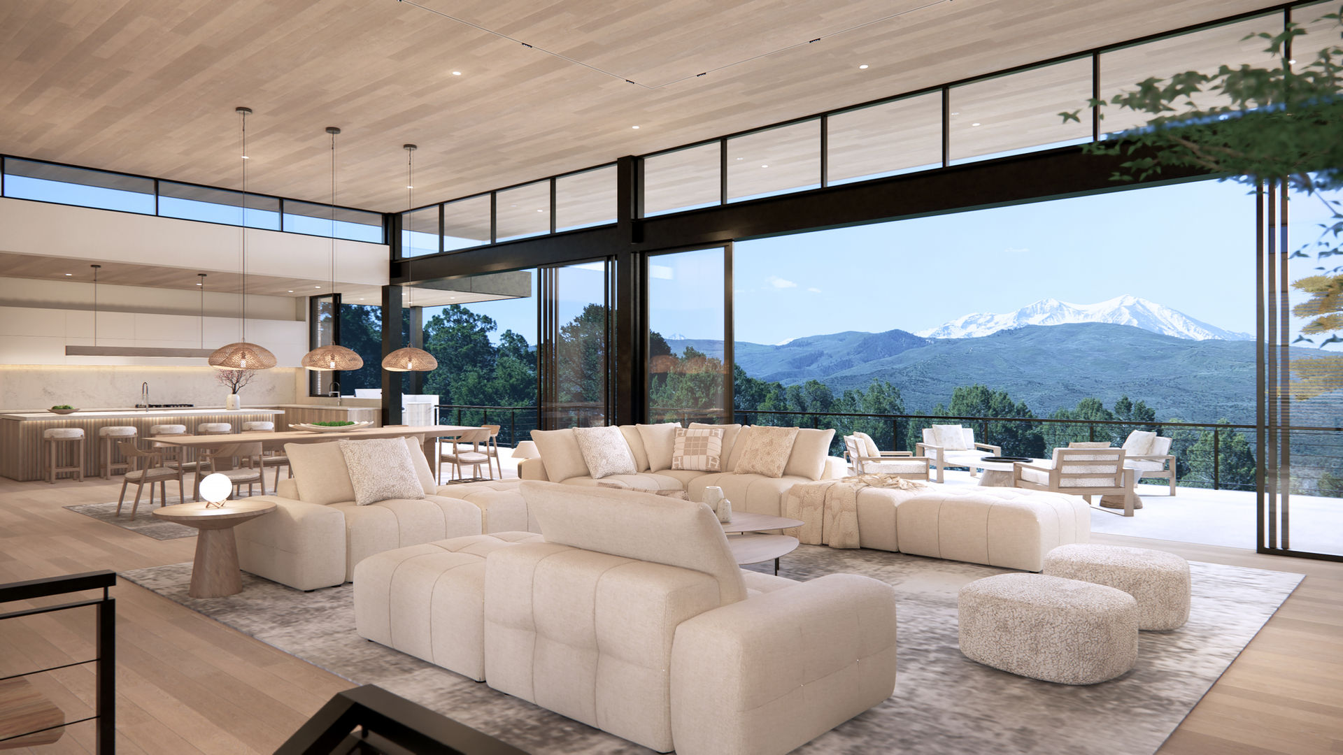 Open-plan living and dining area blending modern architecture with warm alpine materials.