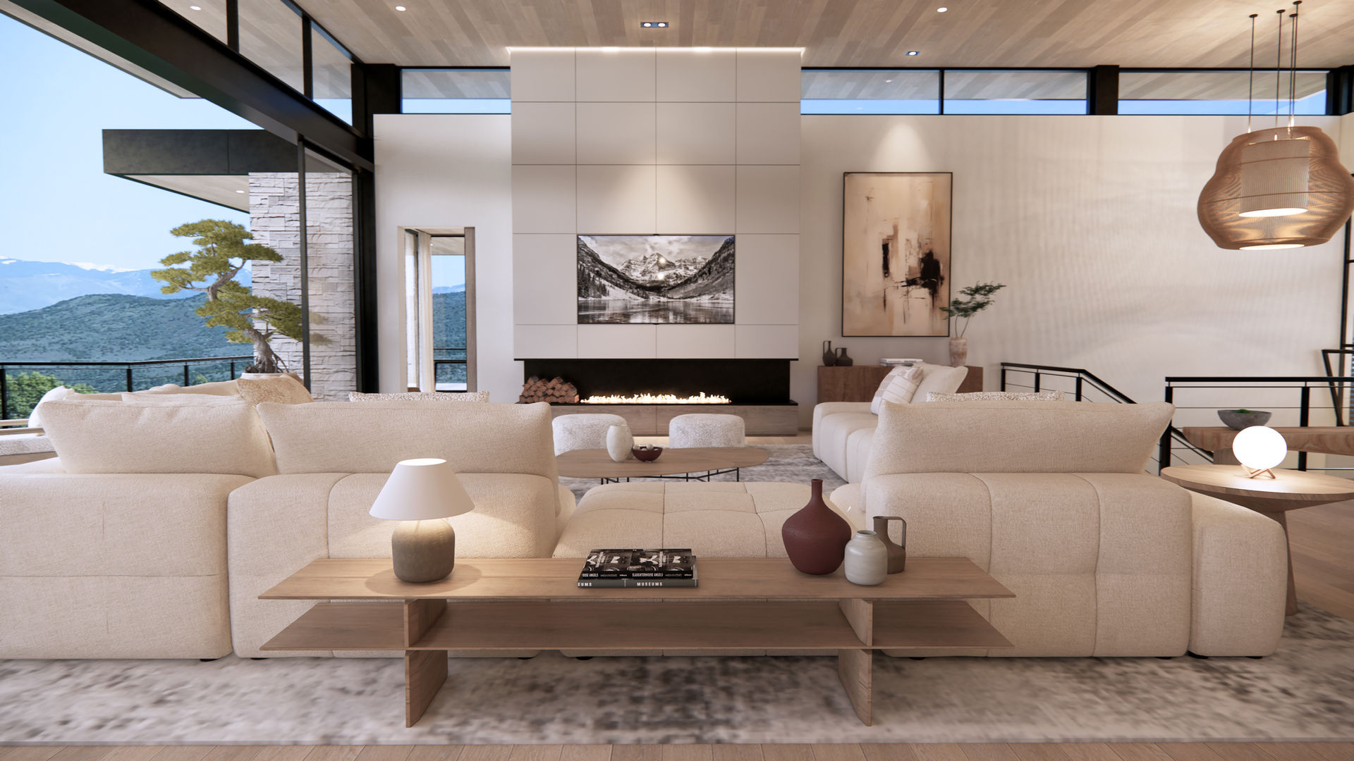 Detail of the living room fireplace featuring bespoke millwork panels, a stone hearth, and warm ambient lighting.