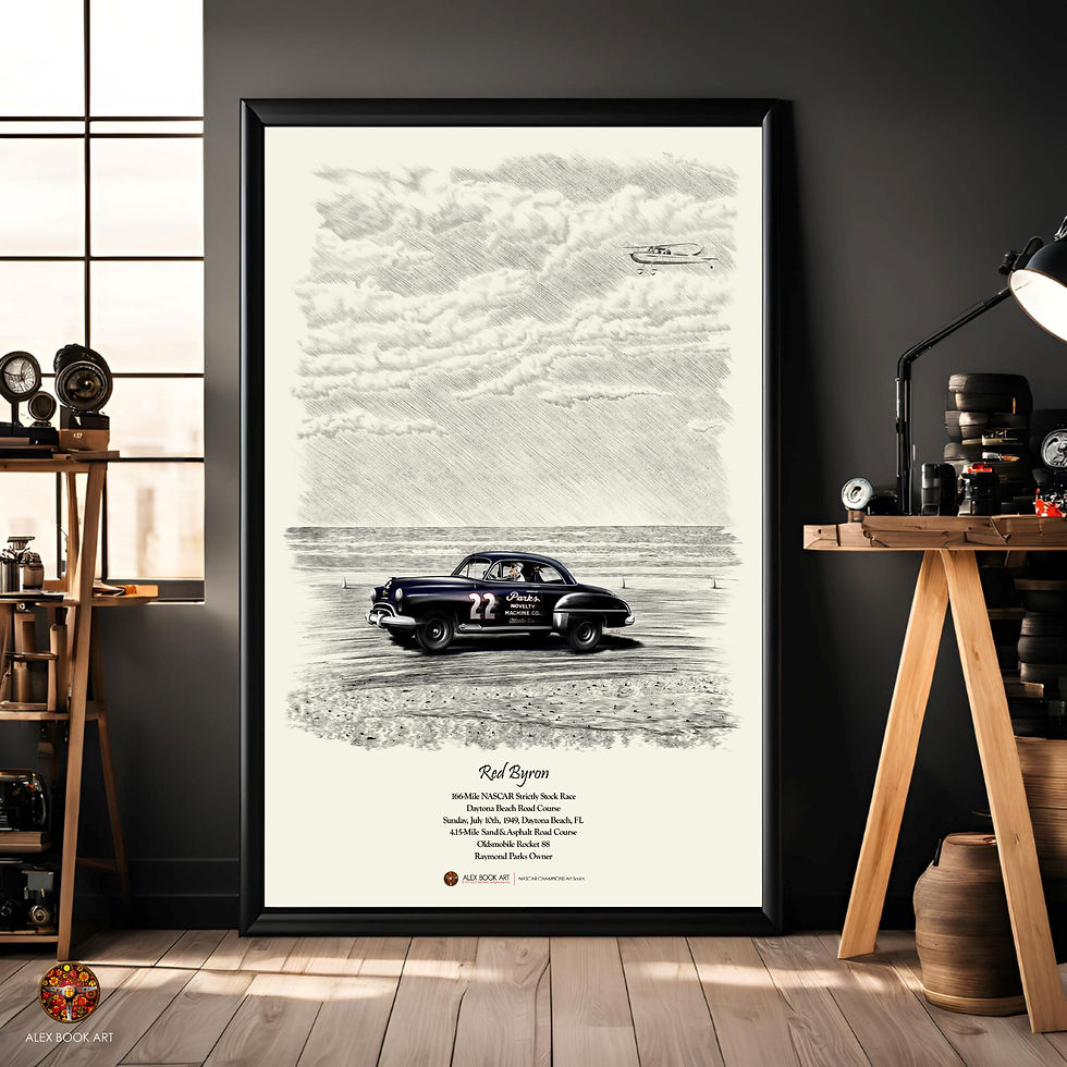 Thumbnail: Red Byron in the Oldsmobile Rocket 88 at the 1949 Daytona Beach Road Course Art Print. First NASCAR Champion