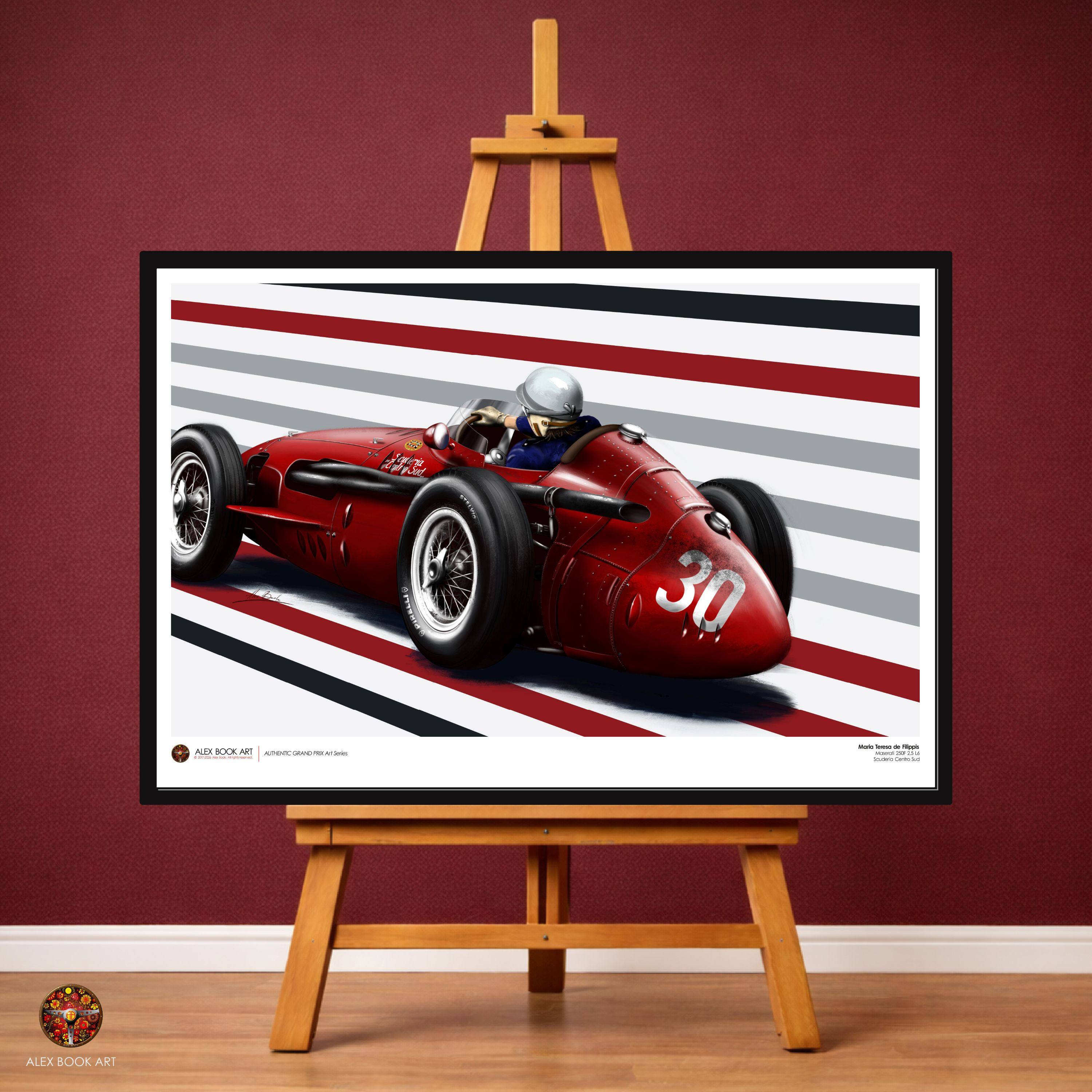 Formula 1 history art print of Maria Teresa de Filippis in the Maserati 250F by Alex Book, premium matte fine art print