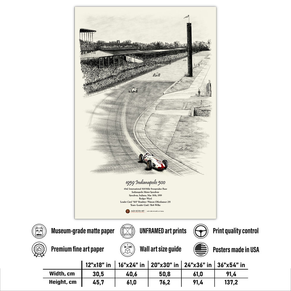 Thumbnail: Rodger Ward in the Watson Offy Roadster winning the 1959 Indianapolis 500 Art Print. Vertical scoring pylon at the bricks