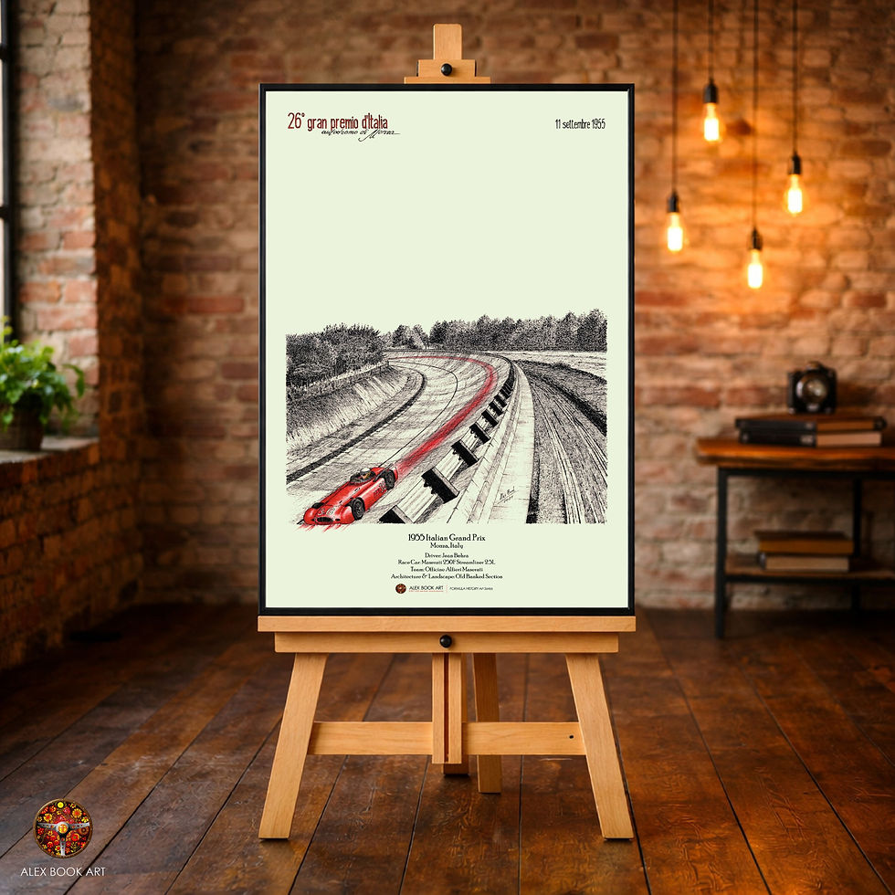 Thumbnail: 1955 Formula 1 Italian Grand Prix art print featuring Jean Behra, Maserati 250F Streamliner at Monza