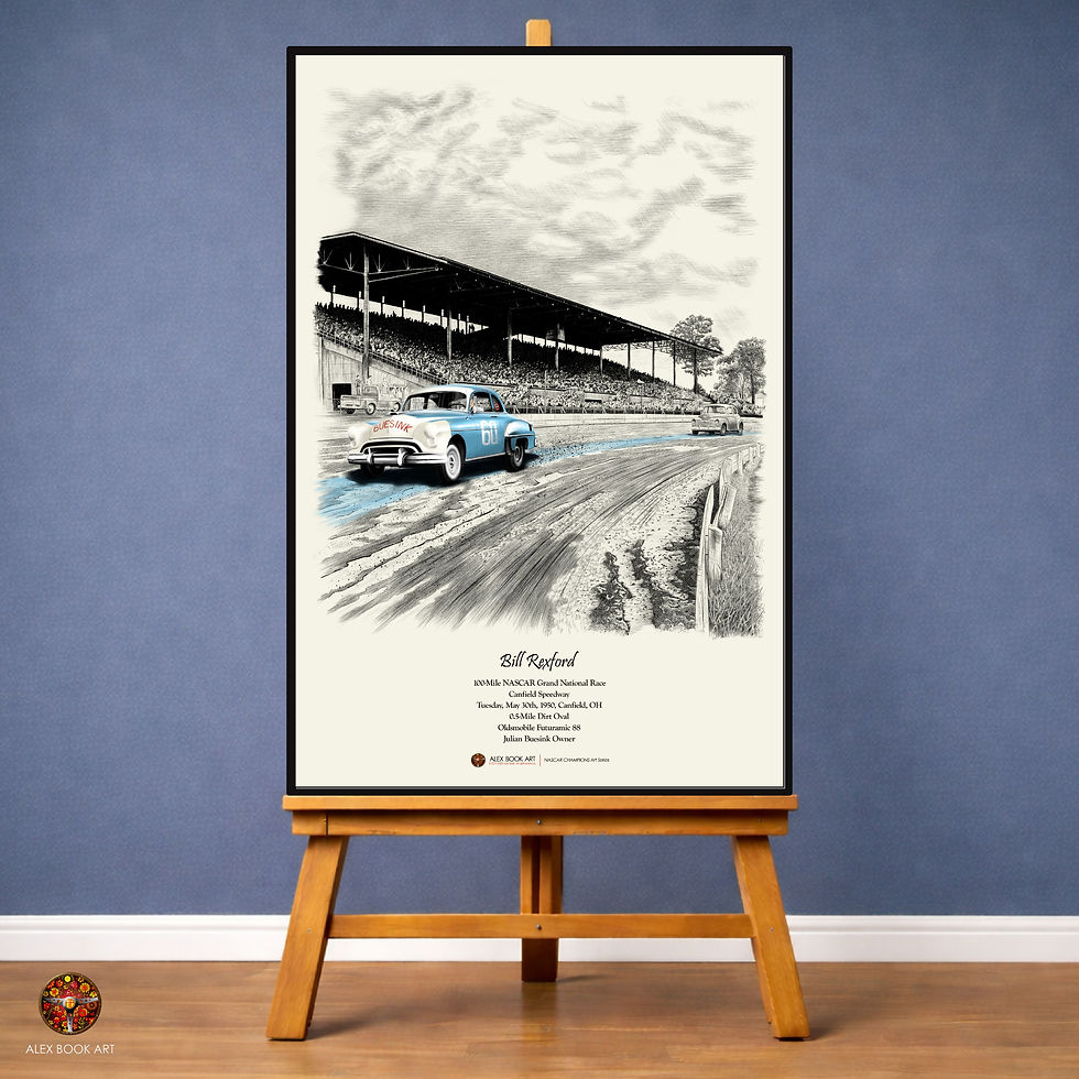 Bill Rexford in the Oldsmobile Futuramic 88 winning at 1950 Canfield Speedway Art Print. NASCAR Champion history