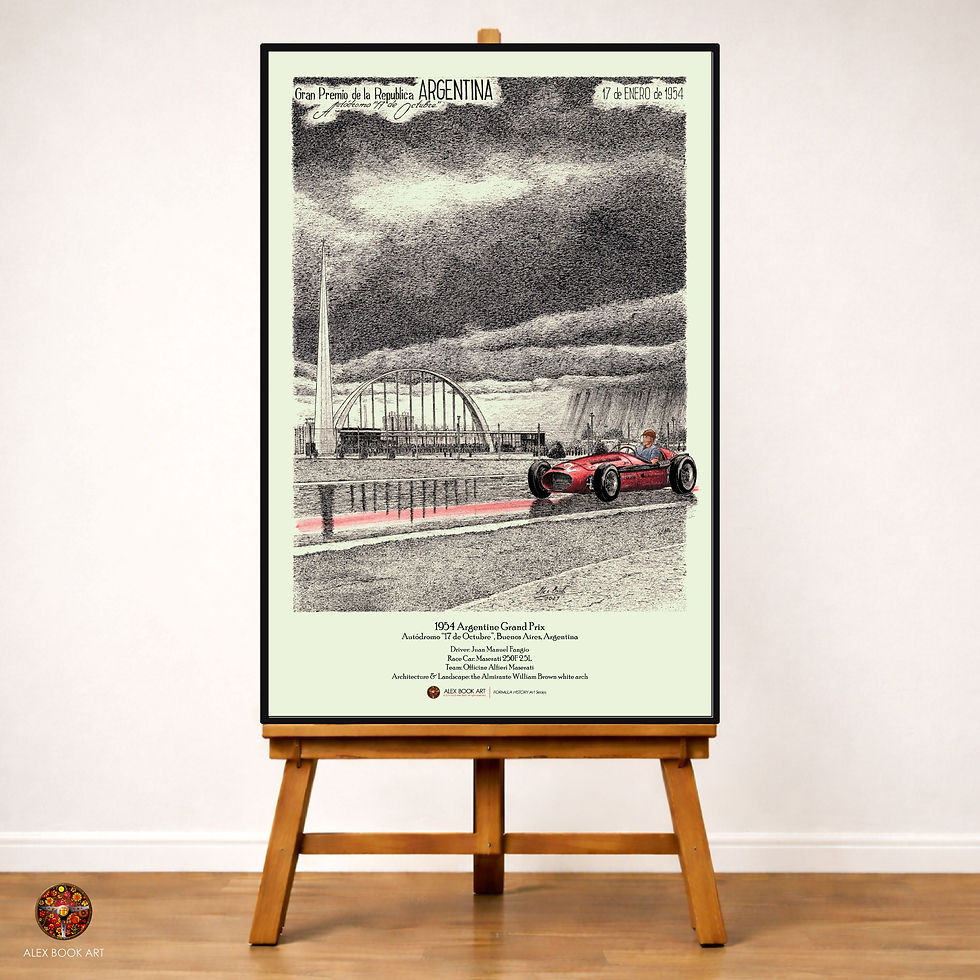 1954 Formula 1 Argentine Grand Prix art print featuring Juan Manuel Fangio, Maserati 250F at Buenos Aires