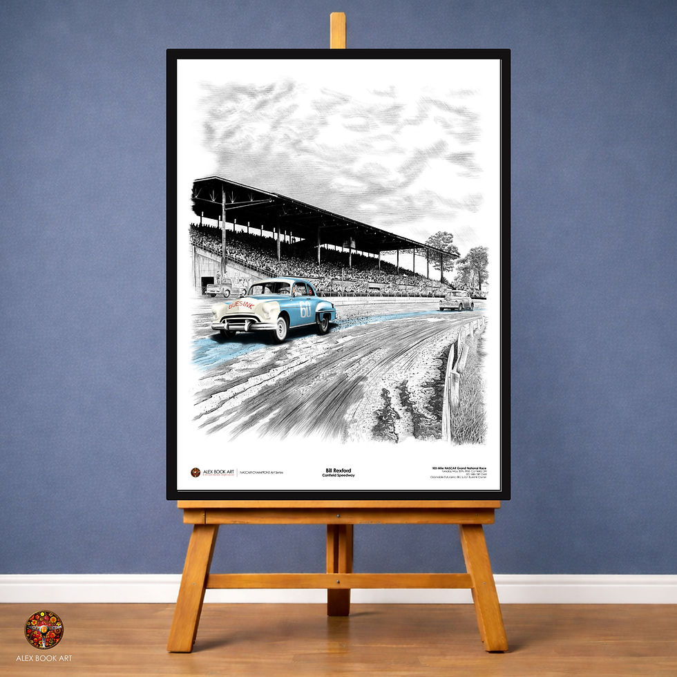 Bill Rexford in the Oldsmobile Futuramic 88 winning at 1950 Canfield Speedway Art Print. NASCAR Champion history