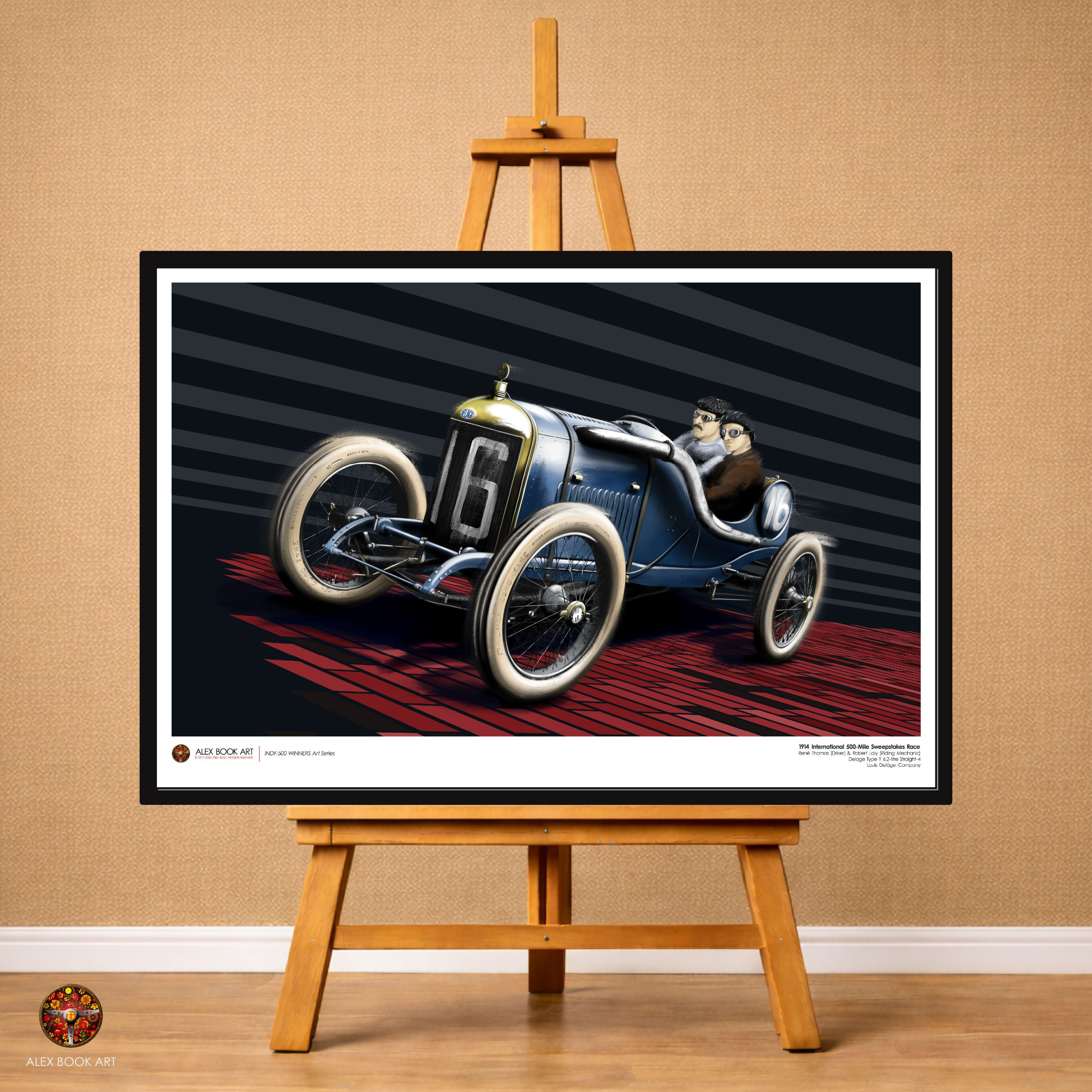 1914 Indy 500 winners art print, René Thomas Delage Type-Y racing poster, Indianapolis Motor Speedway vintage wall decor
