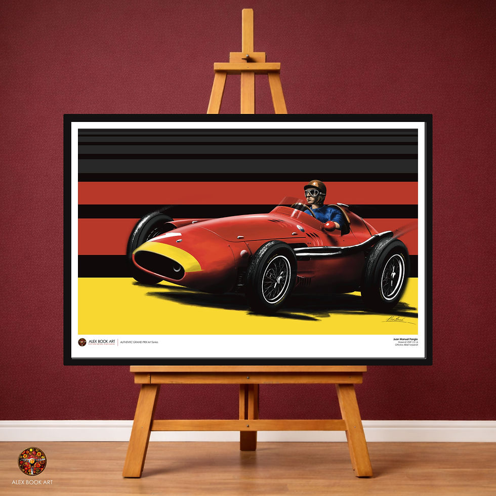 Formula 1 history art print of Juan Manuel Fangio in the Maserati 250F by Alex Book, premium matte fine art print