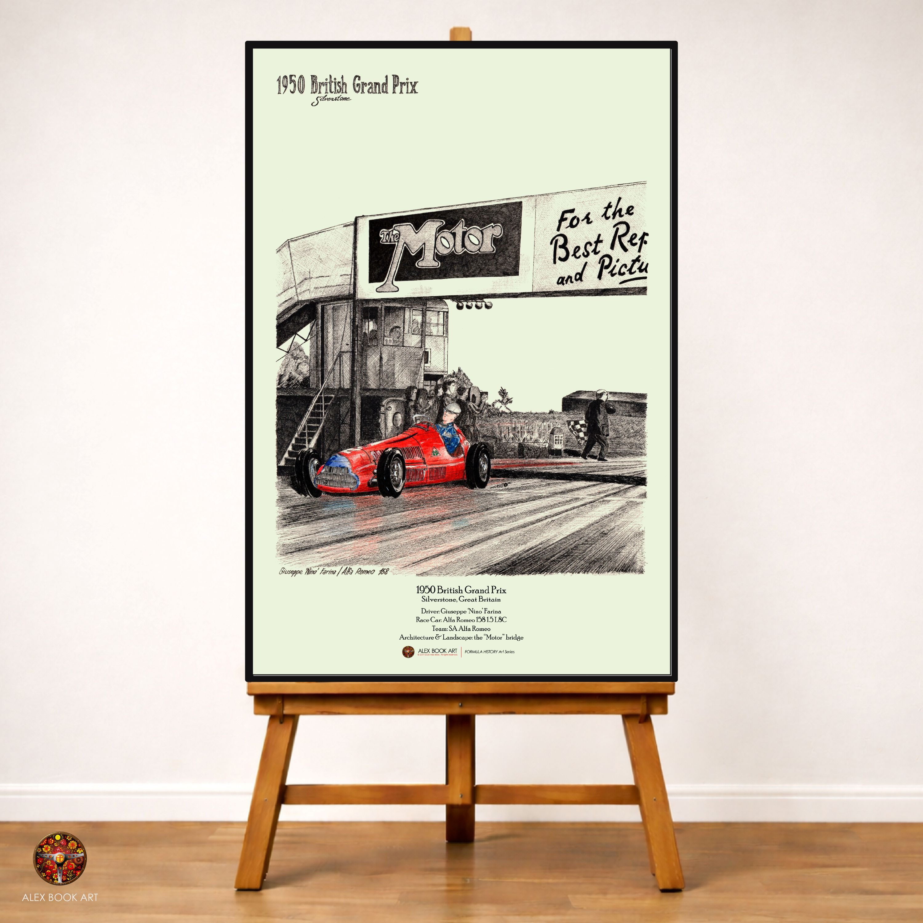 1950 Formula 1 British Grand Prix art print featuring Giuseppe Farina, Alfa Romeo 158 at Silverstone