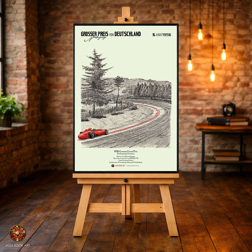Thumbnail: 1956 Formula 1 German Grand Prix art print featuring Juan Manuel Fangio, Lancia Ferrari D50 at Nürburgring