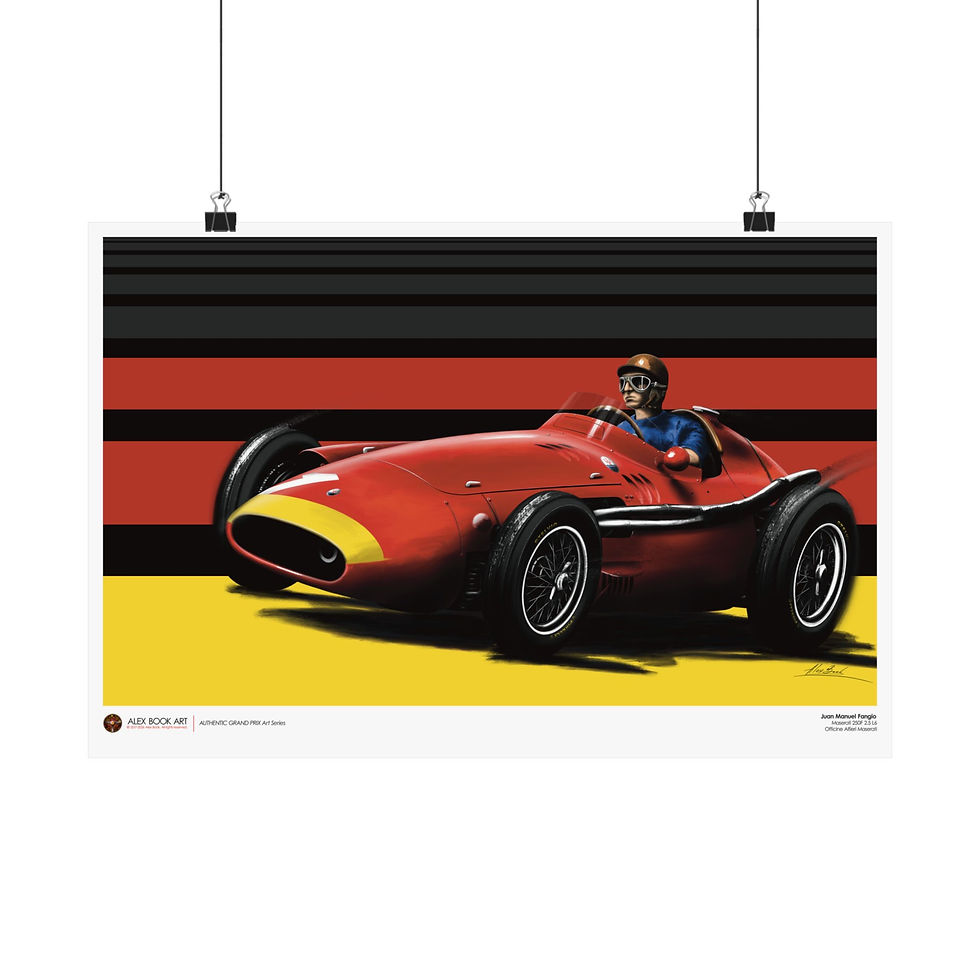 Thumbnail: Formula 1 history art print of Juan Manuel Fangio in the Maserati 250F by Alex Book, premium matte fine art print