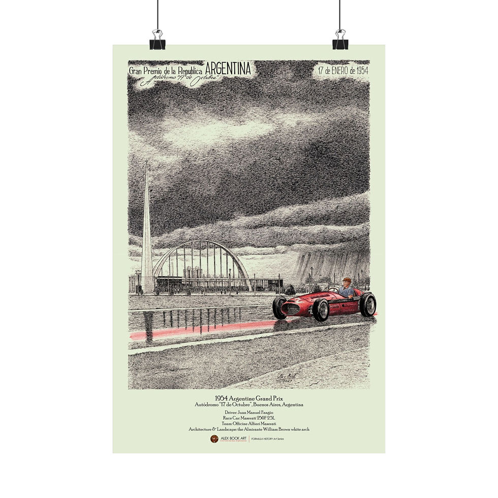 Thumbnail: 1954 Formula 1 Argentine Grand Prix art print featuring Juan Manuel Fangio, Maserati 250F at Buenos Aires