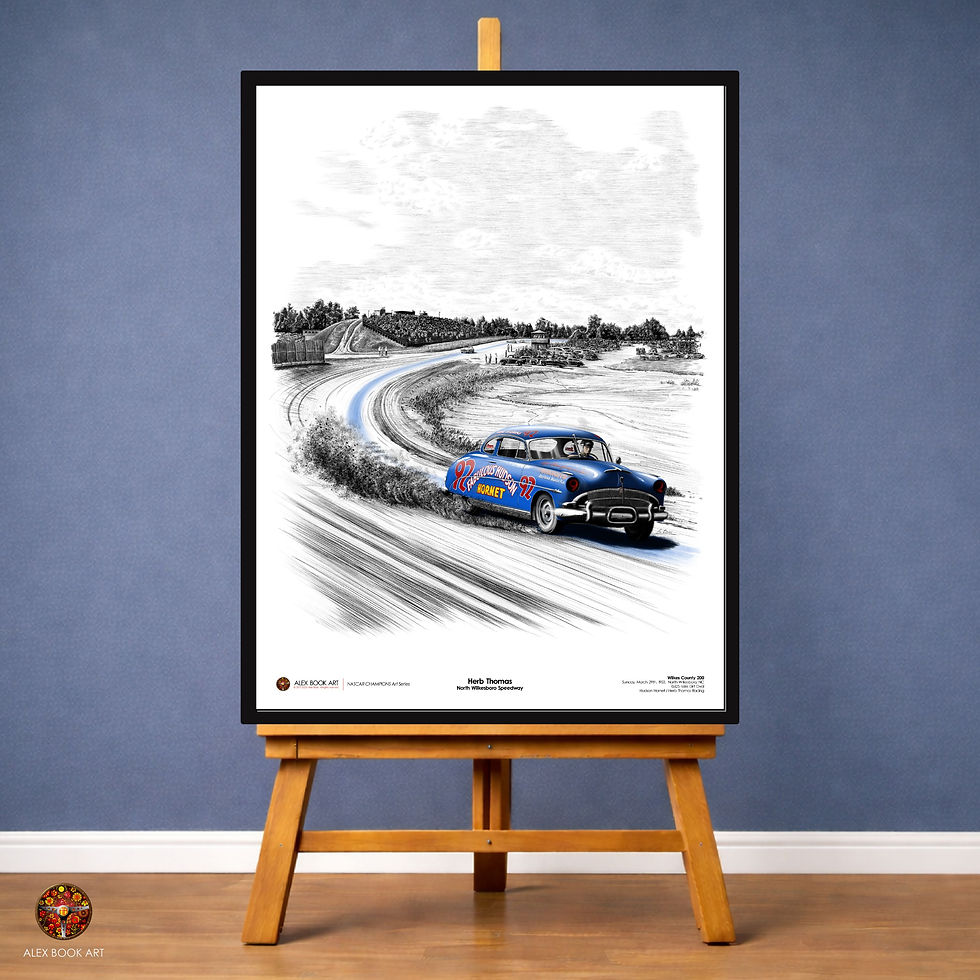 Herb Thomas in the Hudson Hornet winning at the 1953 North Wilkesboro Speedway Art Print. NASCAR Champion history