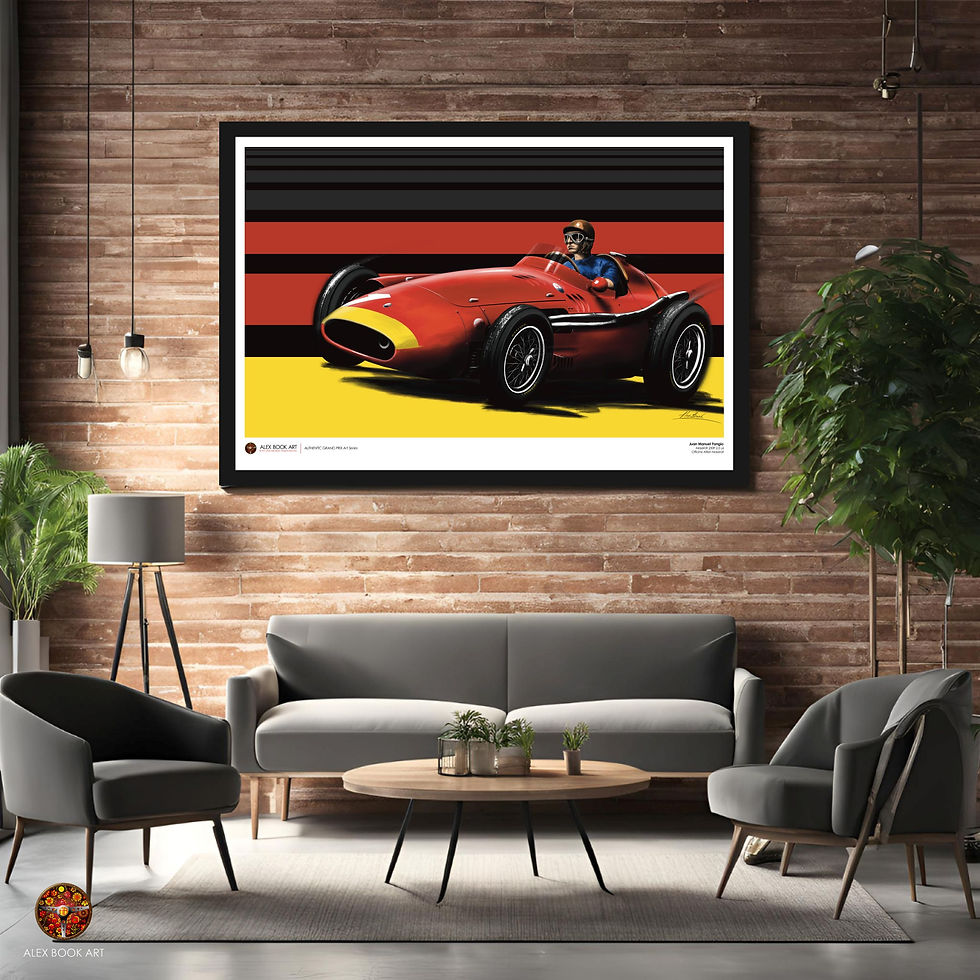 Thumbnail: Formula 1 history art print of Juan Manuel Fangio in the Maserati 250F by Alex Book, premium matte fine art print