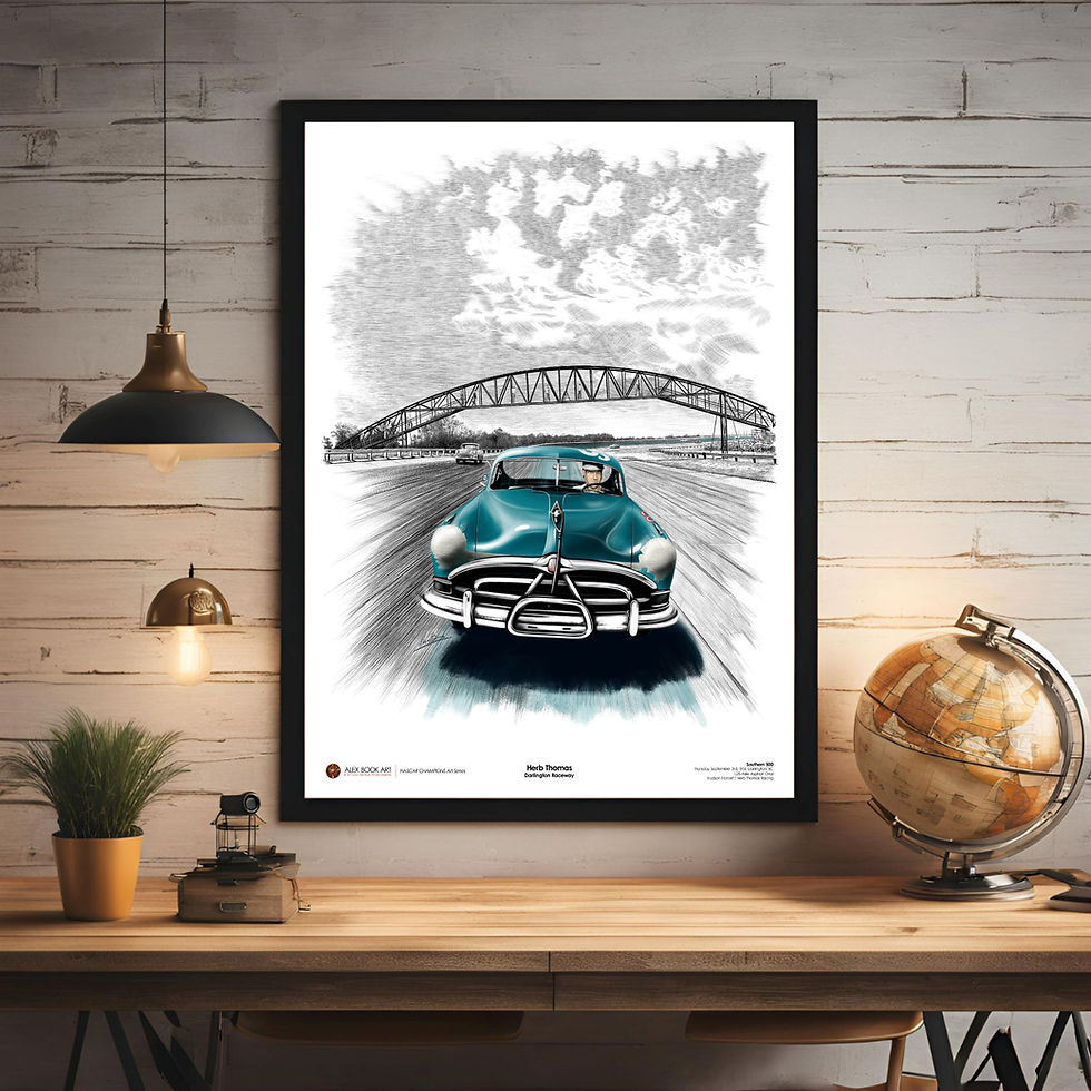 Thumbnail: Herb Thomas in the Hudson Hornet winning the 1951 Southern 500 at Darlington Art Print. NASCAR Champion history