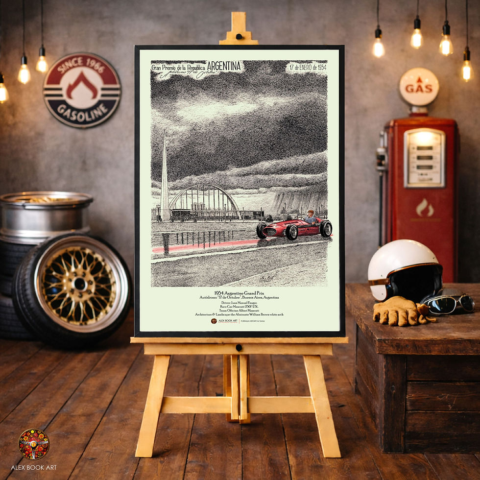 Thumbnail: 1954 Formula 1 Argentine Grand Prix art print featuring Juan Manuel Fangio, Maserati 250F at Buenos Aires