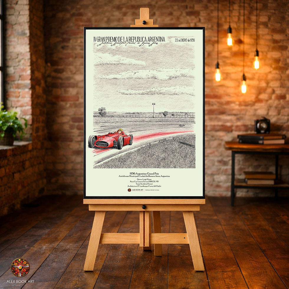 Thumbnail: 1956 Formula 1 Argentine Grand Prix art print featuring Luigi Musso, Lancia Ferrari D50 at Buenos Aires