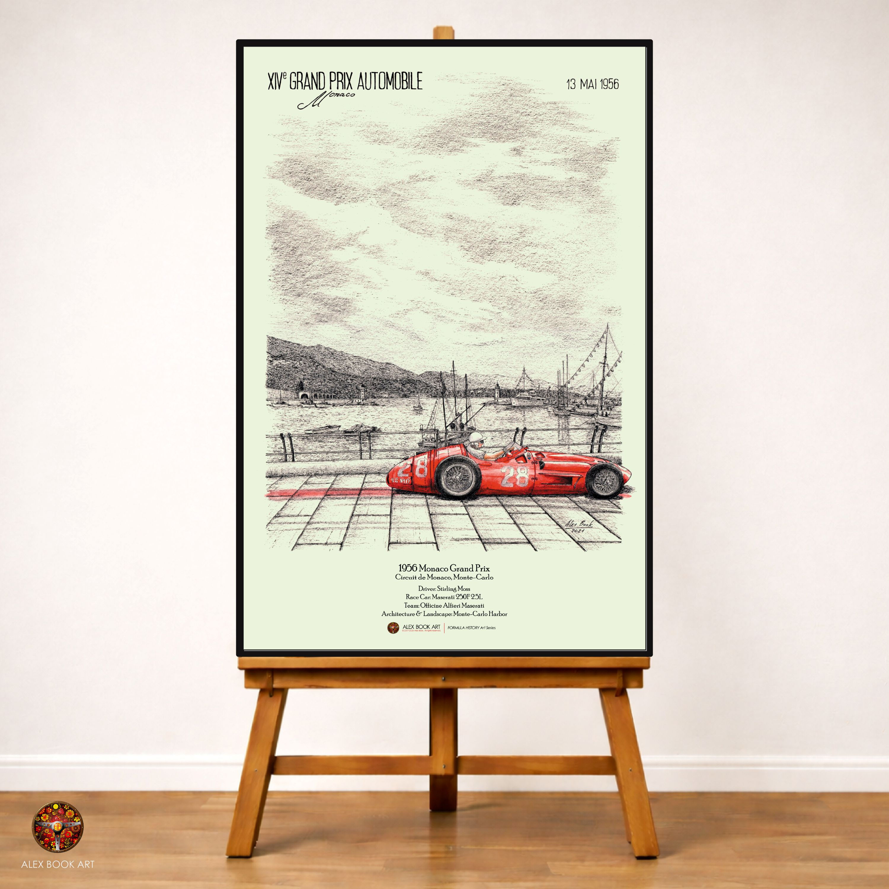 1956 Formula 1 Monaco Grand Prix art print featuring Stirling Moss, Maserati 250F at Monte Carlo