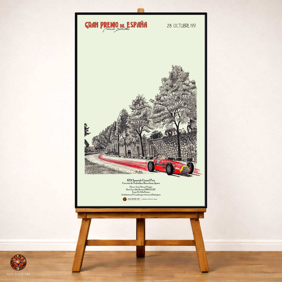 1951 Formula 1 Spanish Grand Prix art print featuring Juan Manuel Fangio, Alfa Romeo 159M at Pedralbes, Barcelona