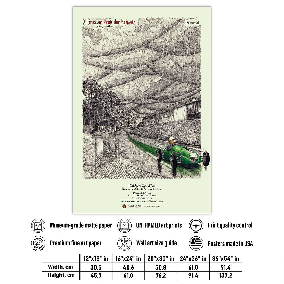 Thumbnail: 1951 Formula 1 Swiss Grand Prix art print featuring Stirling Moss, HWM 51 Alta at Bremgarten Circuit, Bern, Switzerland