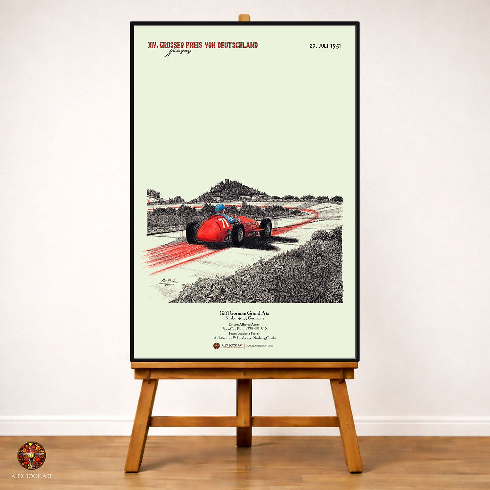 1951 Formula 1 German Grand Prix art print featuring Alberto Ascari, Ferrari 375 at Nürburgring