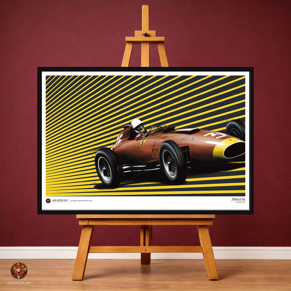Formula 1 history art print of Wolfgang von Trips in the Lancia-Ferrari 801 by Alex Book, premium matte fine art print