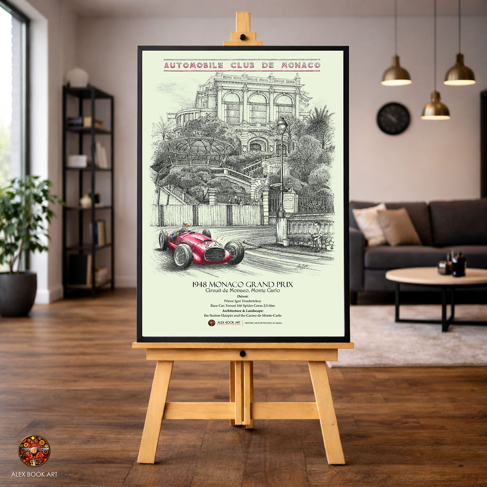 Thumbnail: 1948 Monaco Grand Prix art print featuring Prince Igor Troubetzkoy, Ferrari 166 Spider Corsa at Circuit de Monte Carlo