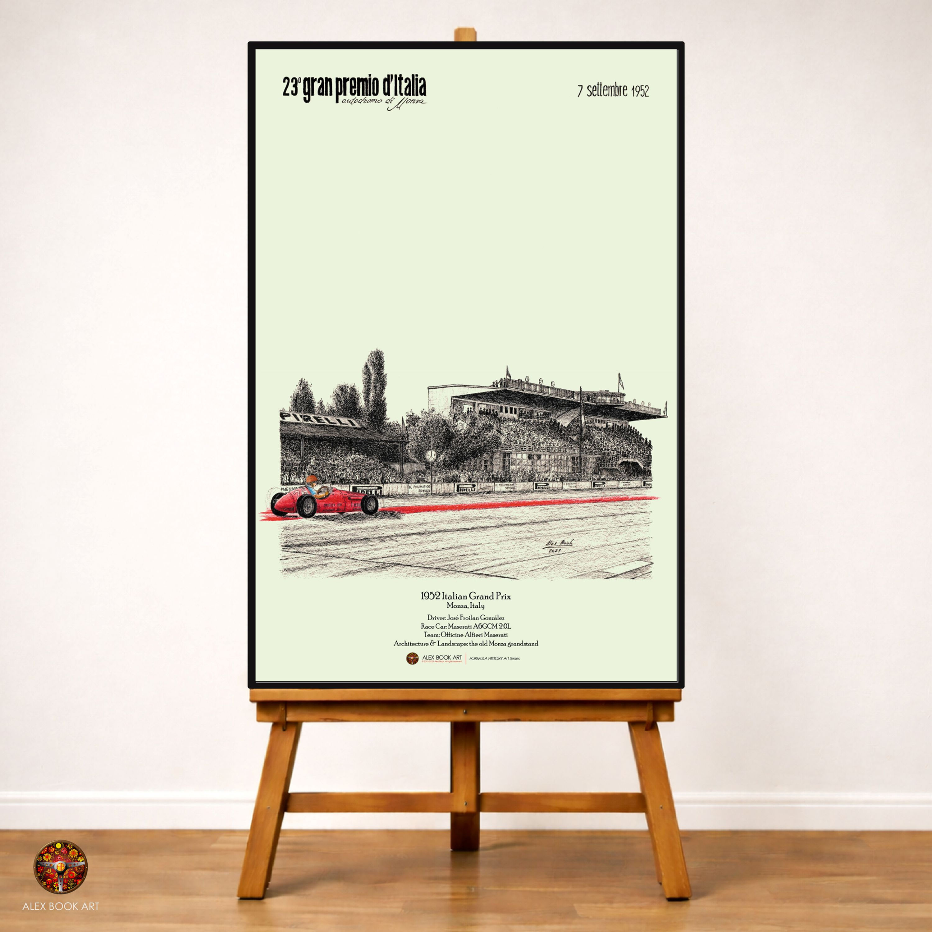 1952 Formula 1 Italian Grand Prix art print featuring José Froilan González, Maserati A6GCM at Monza