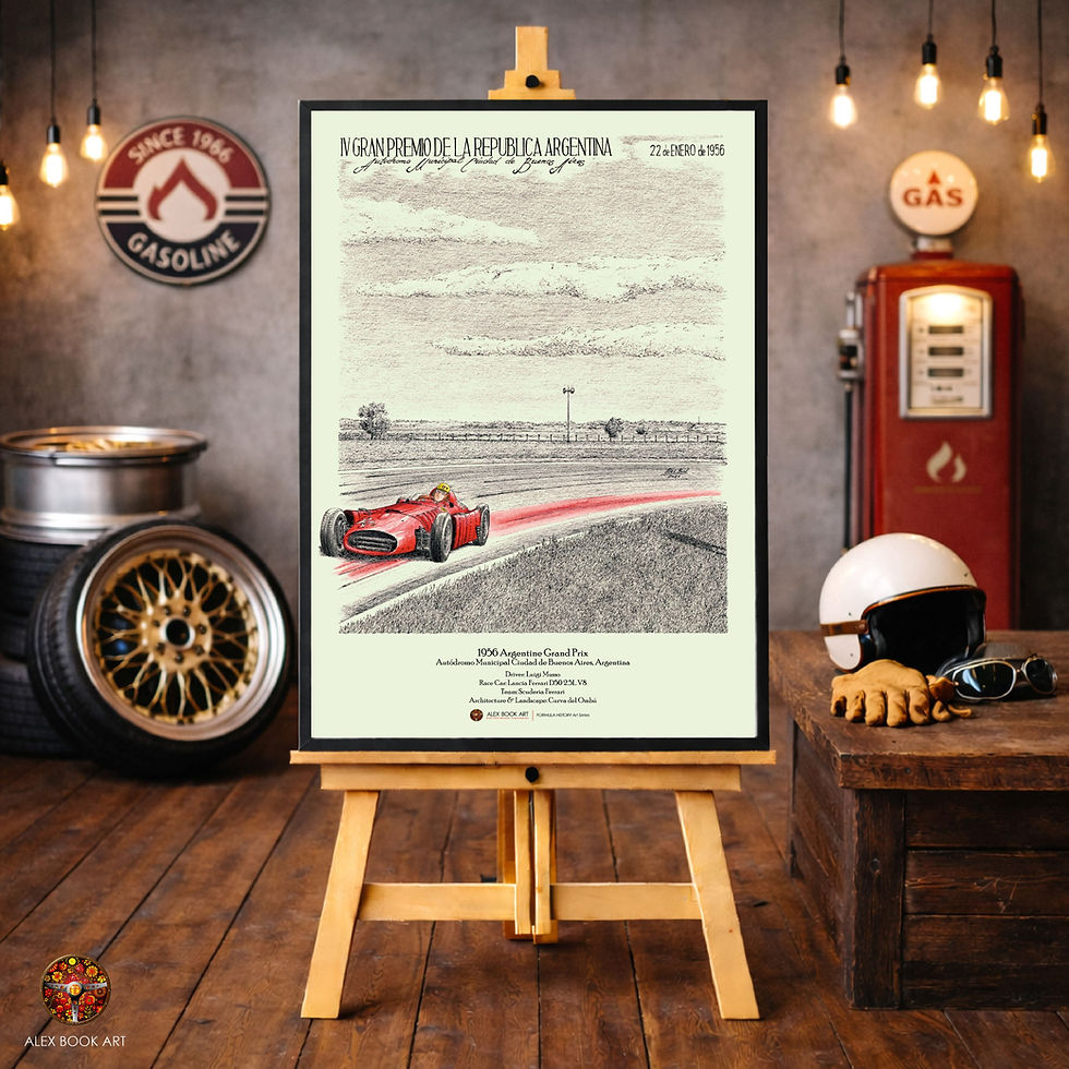 Thumbnail: 1956 Formula 1 Argentine Grand Prix art print featuring Luigi Musso, Lancia Ferrari D50 at Buenos Aires