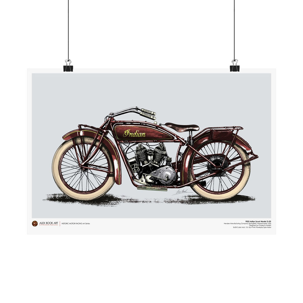 Thumbnail: Historic Motor Racing Art Print of the 1920 Indian Scout Model G-20 motorcycle with 36.38 Cubic Inch V-Twin Powerplus motor