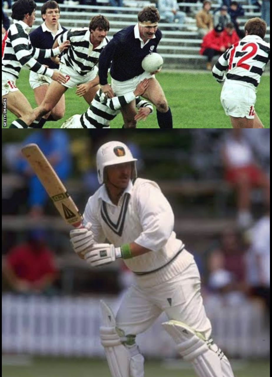 TOP: Zimbabwe's Marthinus Grobler, Dirk Buitendag and Shawn Graham in a pool match against Scotland at the 1987 Rugby World Cup. BOTTOM: Zimbabwe captain David Houghton bats at the 1987 Cricket World Cup before the global standardisation of coloured clothing in limited overs cricket.