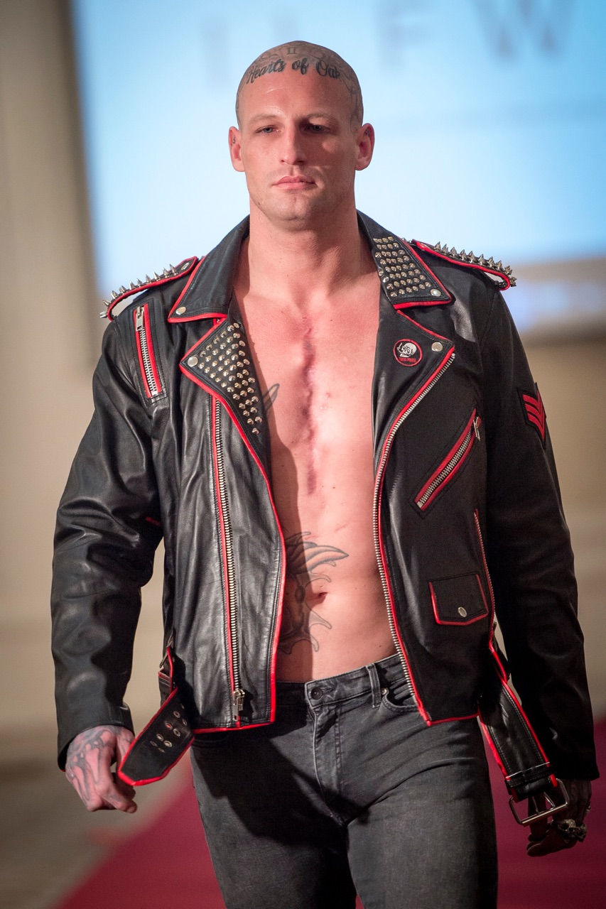 Thumbnail: PETER- Black Studded Cross Sheepskin Moto Jacket with Patches and Red Piping