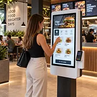 Cliente realizando un pedido mediante un kiosco táctil de autoservicio en un restaurante.