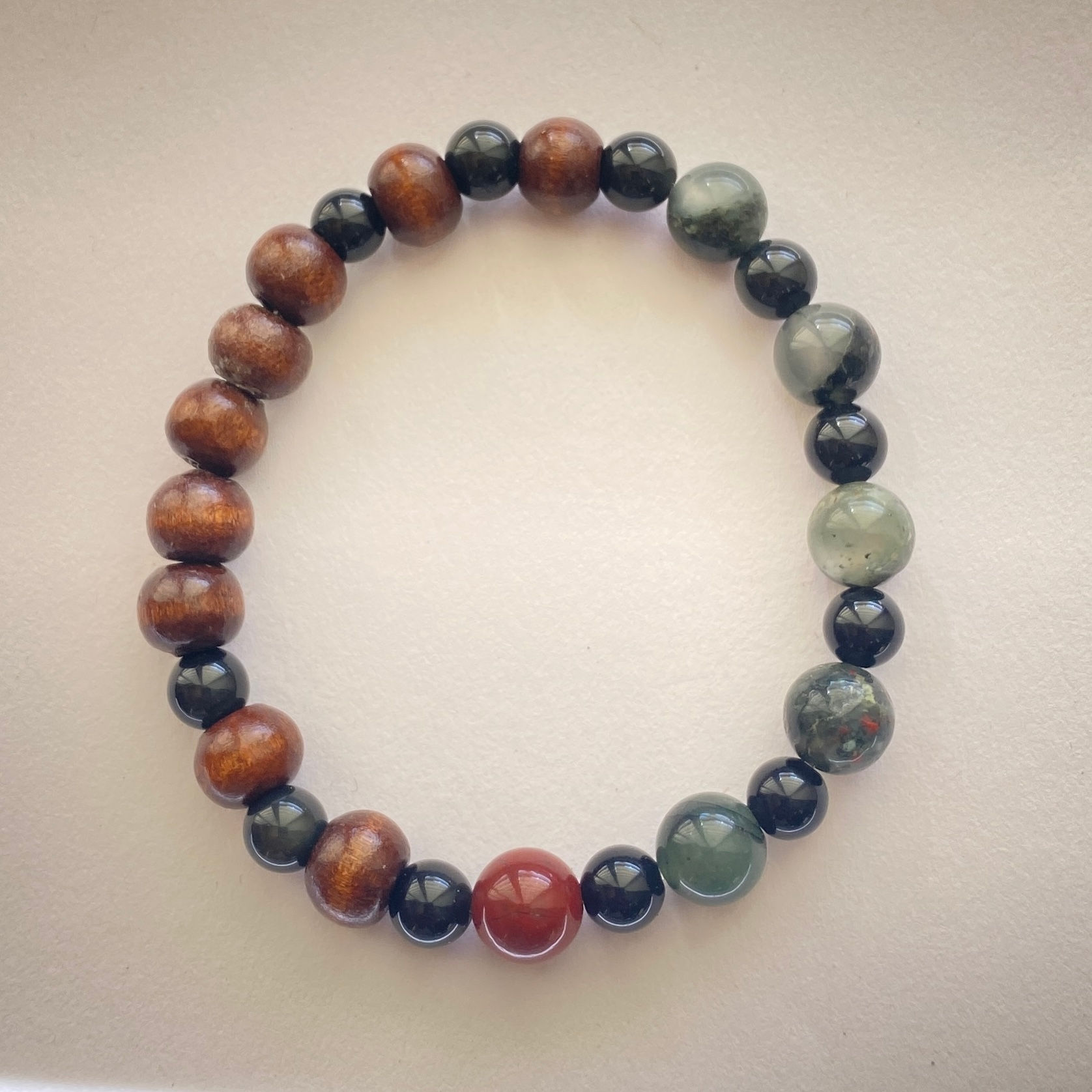 Bloodstone, Black Spinel and Wood bracelet