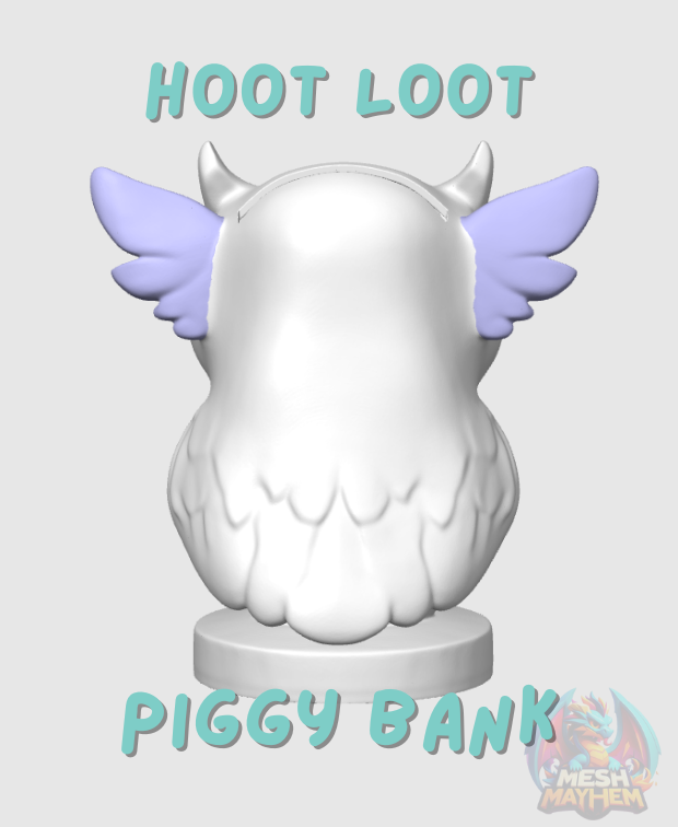 Thumbnail: Hoot Loot Piggy Bank: "An owl-themed piggy bank design for 3D printing, offered in STL and 3MF file formats."
