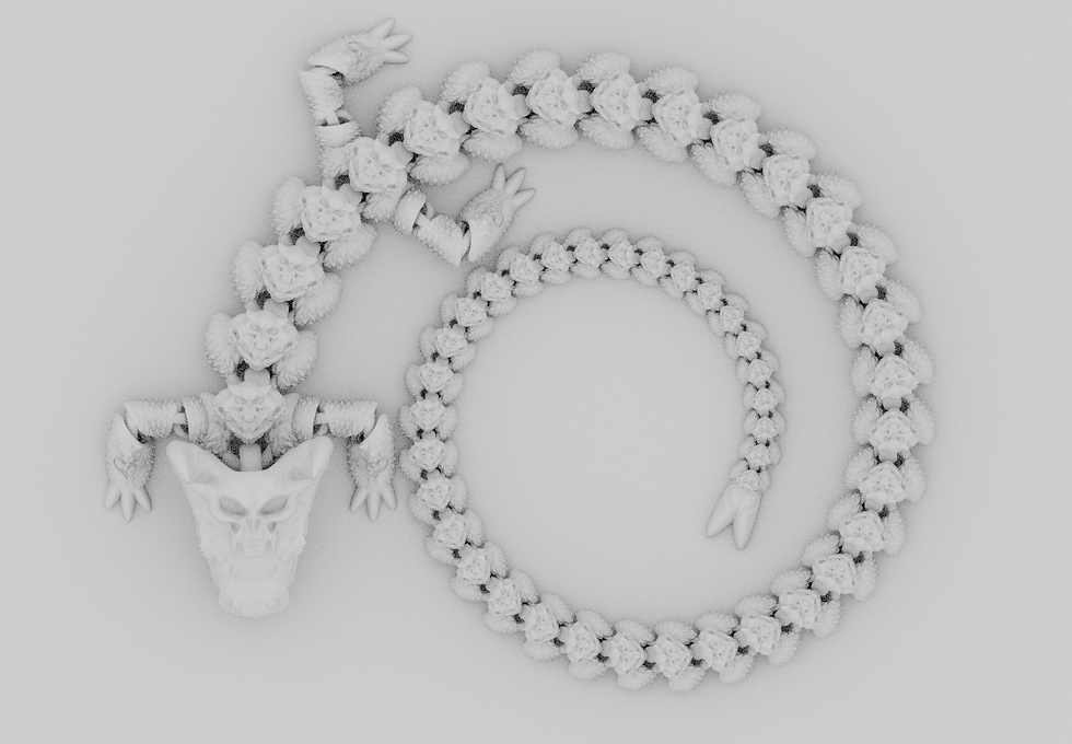 Thumbnail: Print-in-Place Articulated Dragon 007: "A print-in-place articulated dragon design labeled as Dragon 007, available in STL file format."
