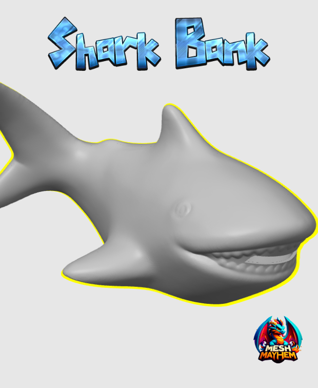 Miniature : Shark Bank 32mm Plug: "A shark-themed piggy bank design with a 32mm plug, available in STL file format."
