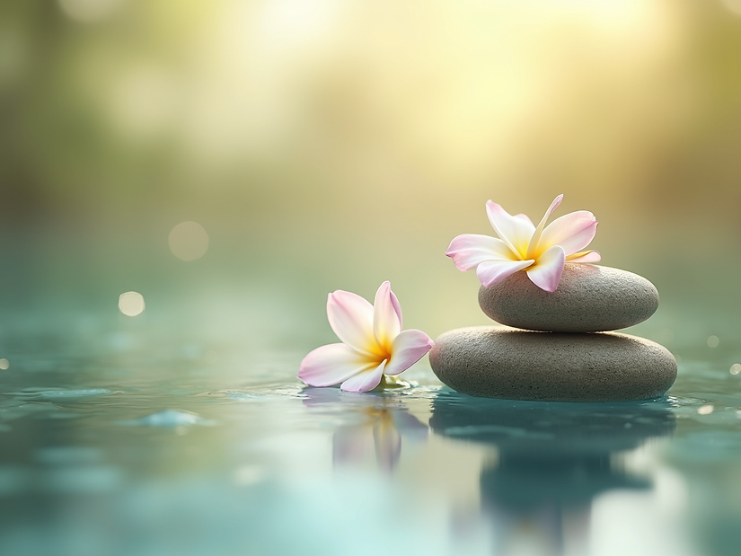 A beautiful, calming scene featuring natural elements like soft flowers, serene water, and