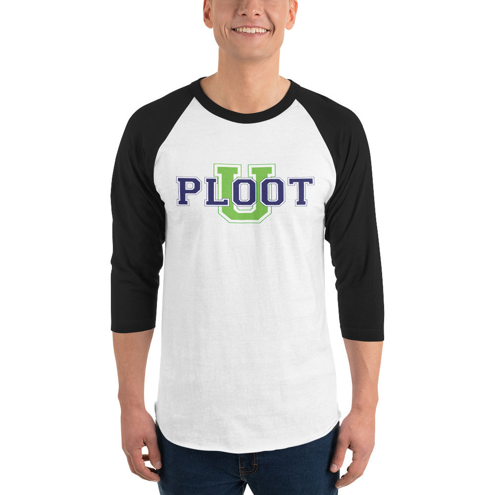 White and Black Ploot U 3/4 sleeve men's raglan tee Front View