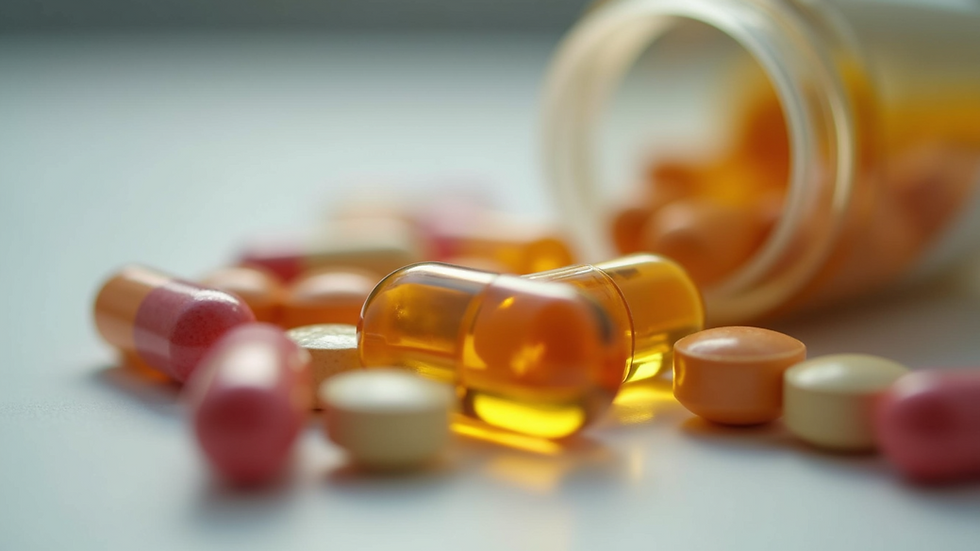 Close-up view of various dietary supplements in capsule and tablet form