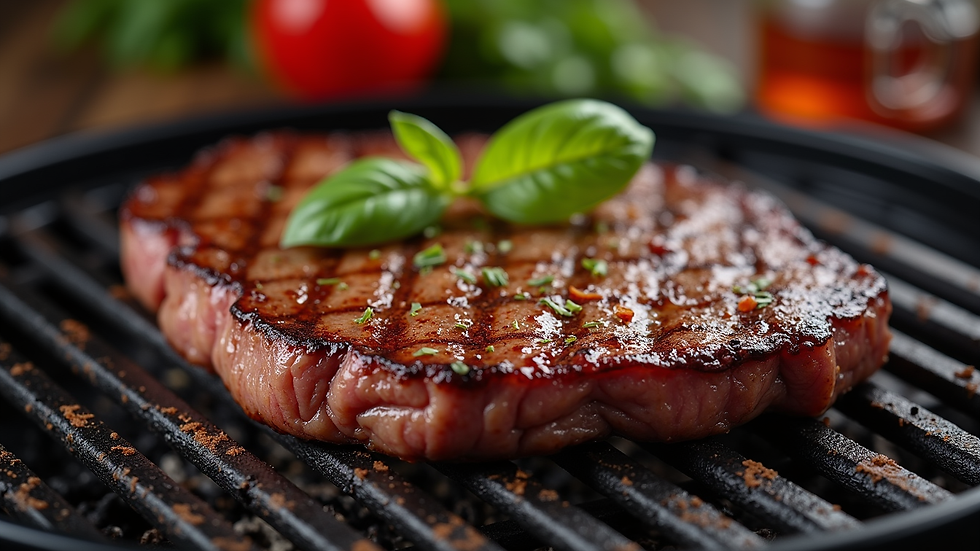 Top view of a grilled T-bone steak on a plate