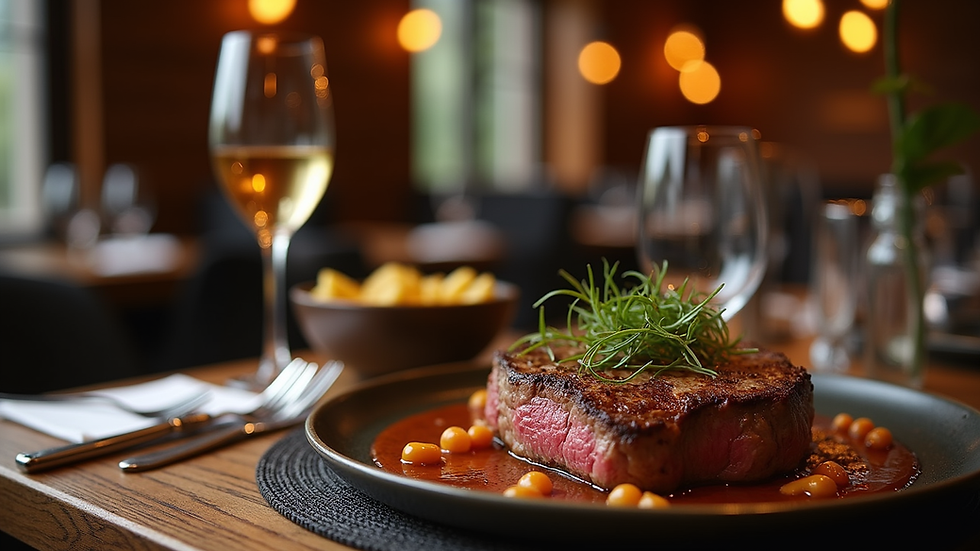 Széles látószög egy elegáns steakhouse étterem belső teréről