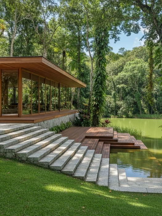 Salão social moderno com arquitetura em vidro e madeira, integrado à natureza com um deck externo suspenso sobre o lago.