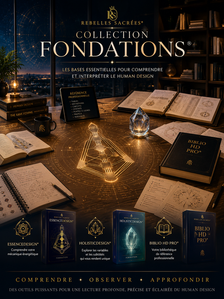 Collection Fondations — les bases profondes du Human Design
— 2 formations Human Design (EssenceDesign, HolisticDesign) + 2 outils pro (BiblioHD Pro, Biblio des Croix d'incarnation)