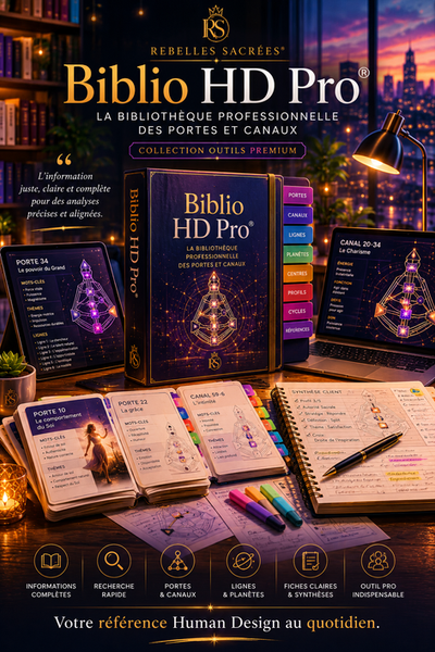 BIBLIO HD PRO - Édition Portes & Canaux
L'Encyclopédie vivante du Human Design pour les Rebelles Sacrées®
☞ Plongez au cœur de l'architecture énergétique humaine. Maîtrisez les 64 portes et leurs 36 canaux pour offrir des lectures d'exception et transformer votre pratique professionnelle.