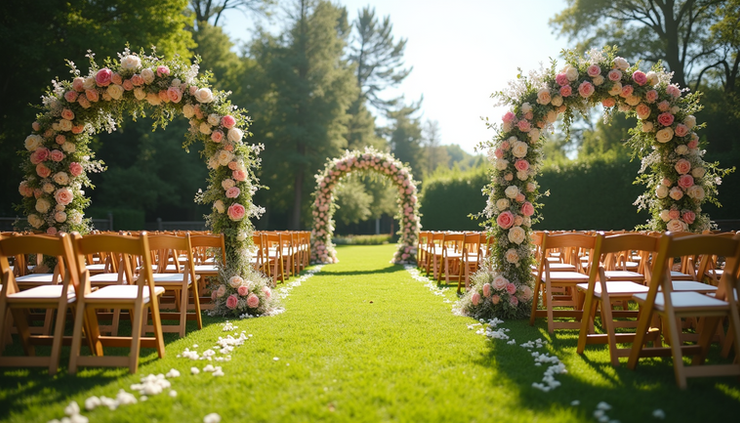 Eye-level view of a beautifully decorated outdoor wedding venue with floral arches and wooden chairs arranged on a lush green lawn